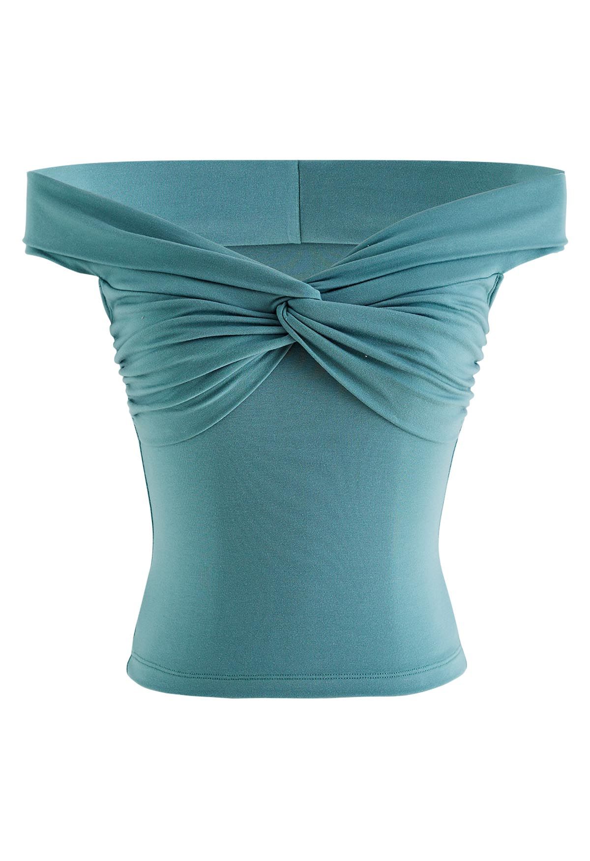 Twist Front Off-Shoulder Fitted Crop Top in Teal