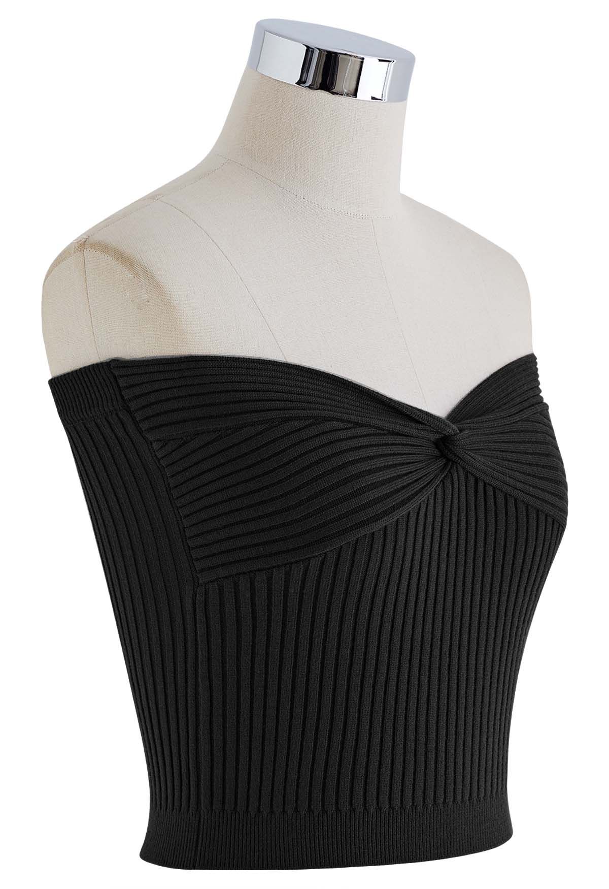 Twist Front Ribbed Knit Tube Crop Top in Black