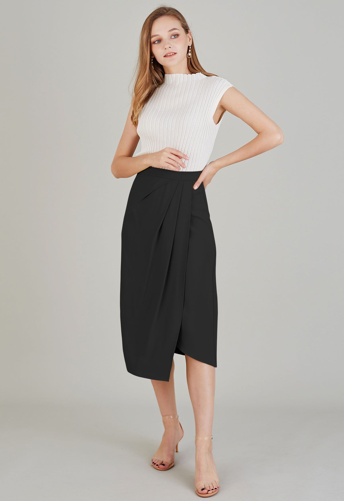 Side Pleated Flap Midi Skirt in Black