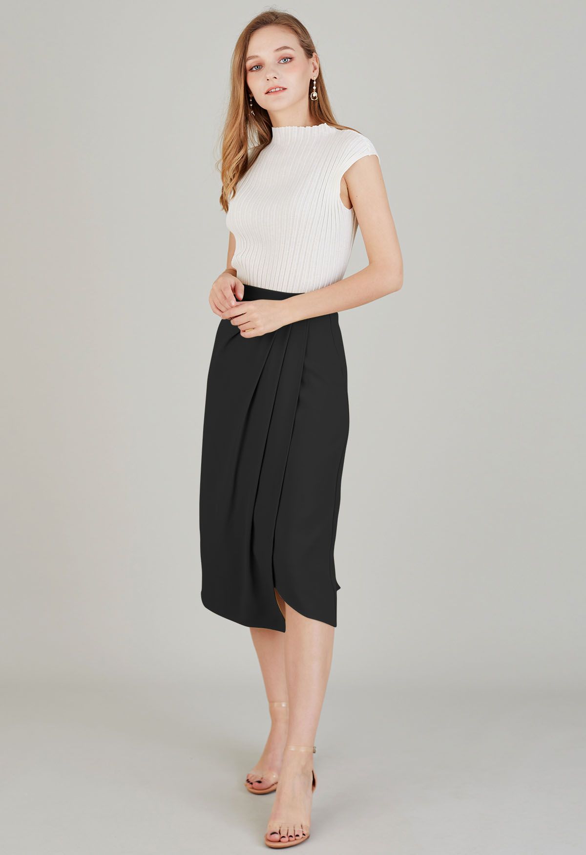 Side Pleated Flap Midi Skirt in Black