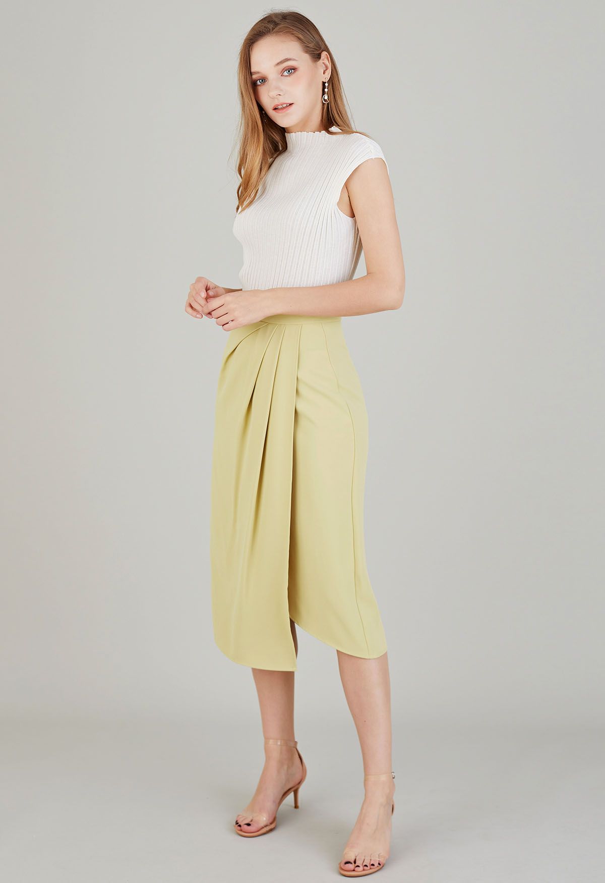 Side Pleated Flap Midi Skirt in Yellow