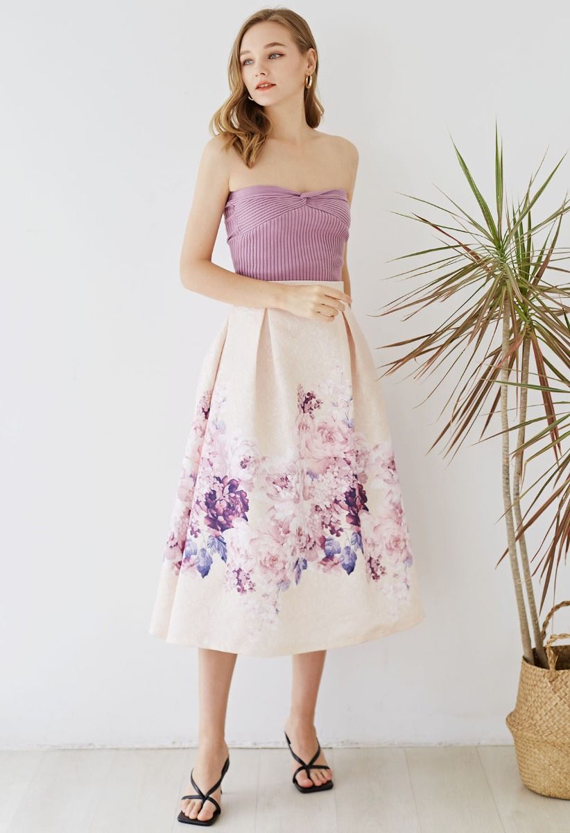 Lavender Peony Print Embossed Midi Skirt