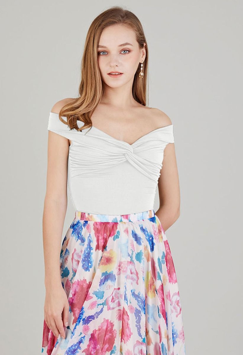 Twist Front Off-Shoulder Fitted Crop Top in White
