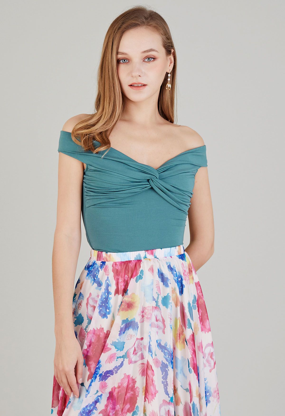 Twist Front Off-Shoulder Fitted Crop Top in Teal