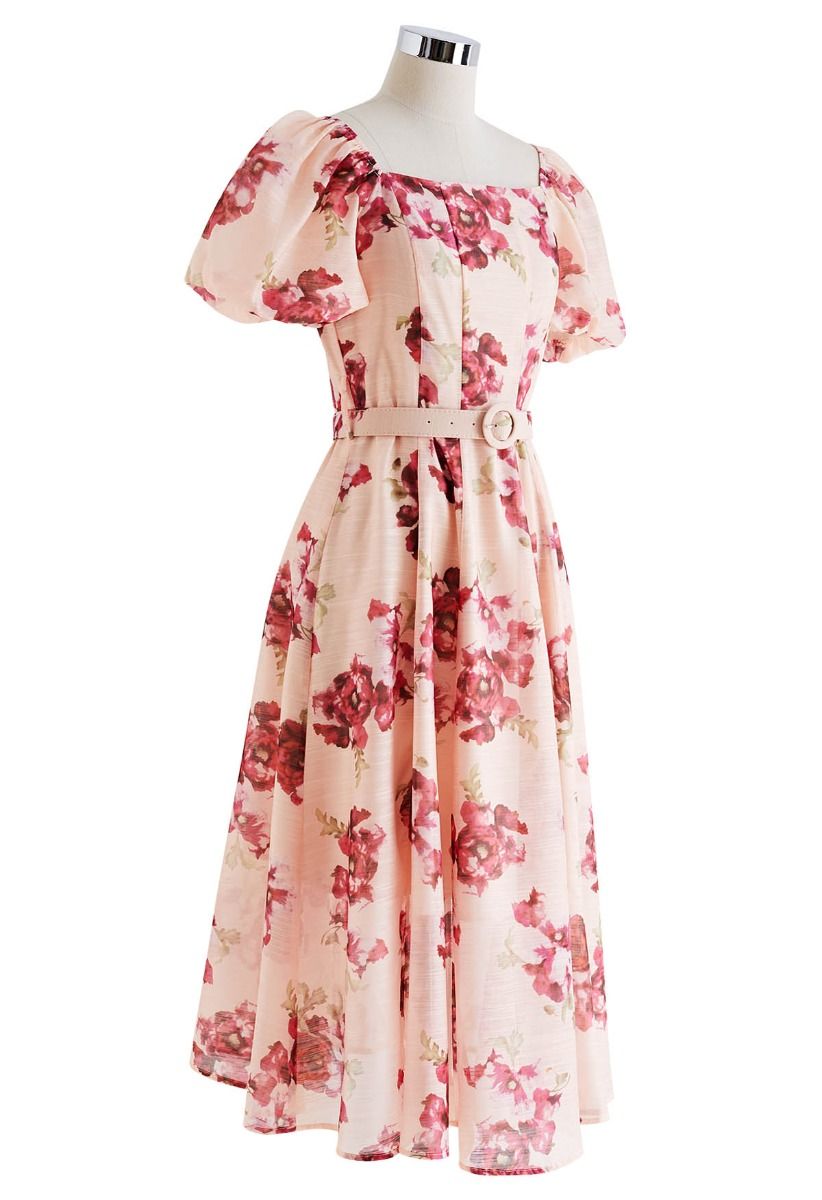 Bubble Sleeve Floral Print Belted Midi Dress