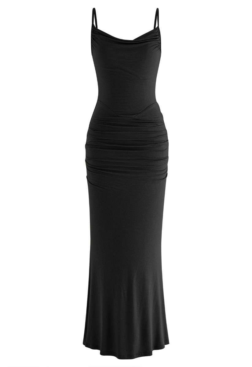Side Ruched Bodycon Cami Maxi Dress in Black - Retro, Indie and Unique ...