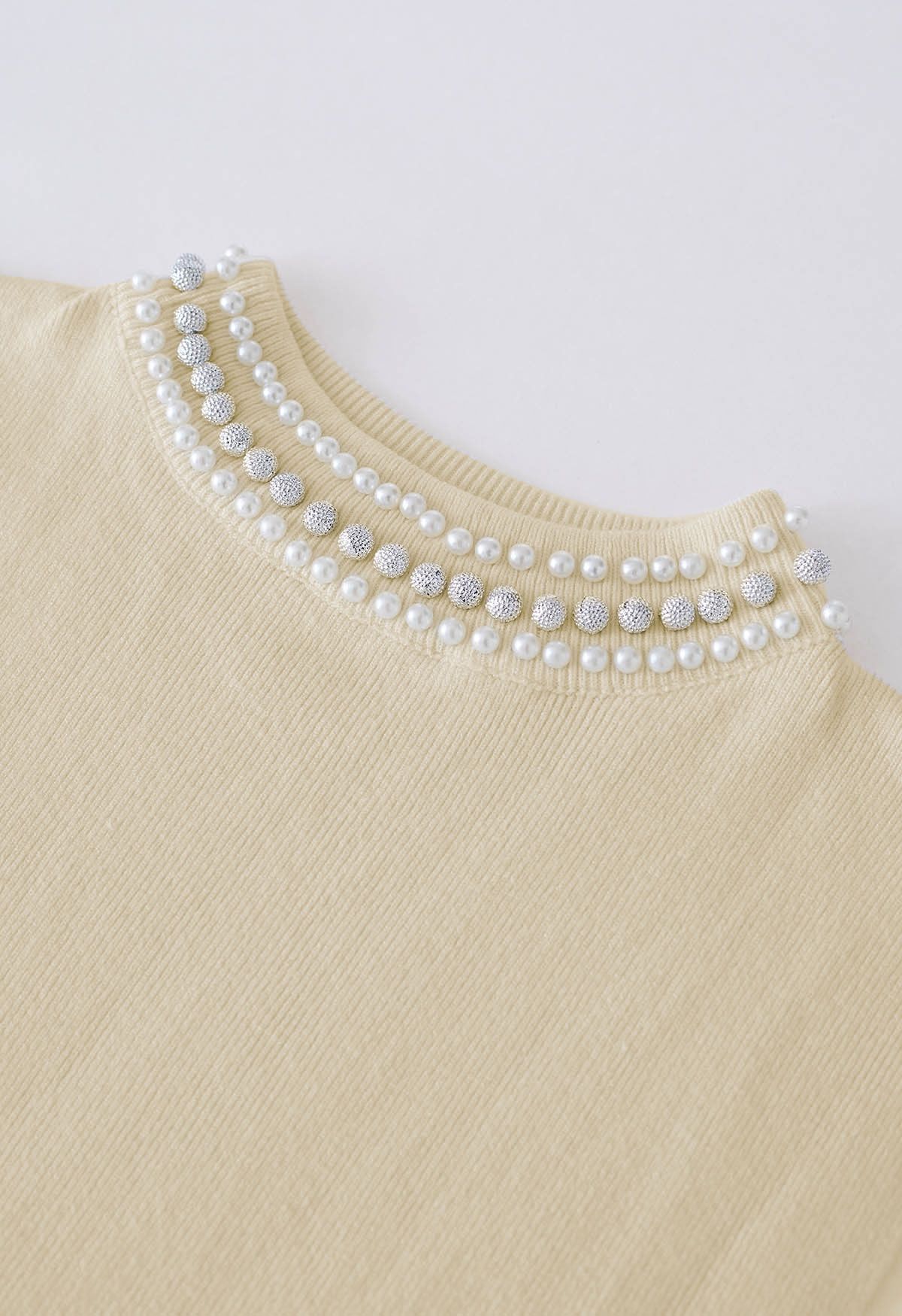 Pearl Embellished Mock Neck Sleeveless Knit Top in Sand