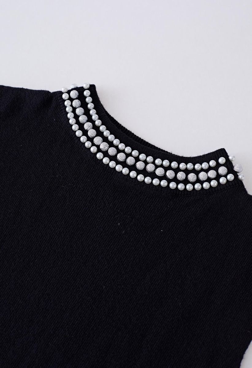 Pearl Embellished Mock Neck Sleeveless Knit Top in Black