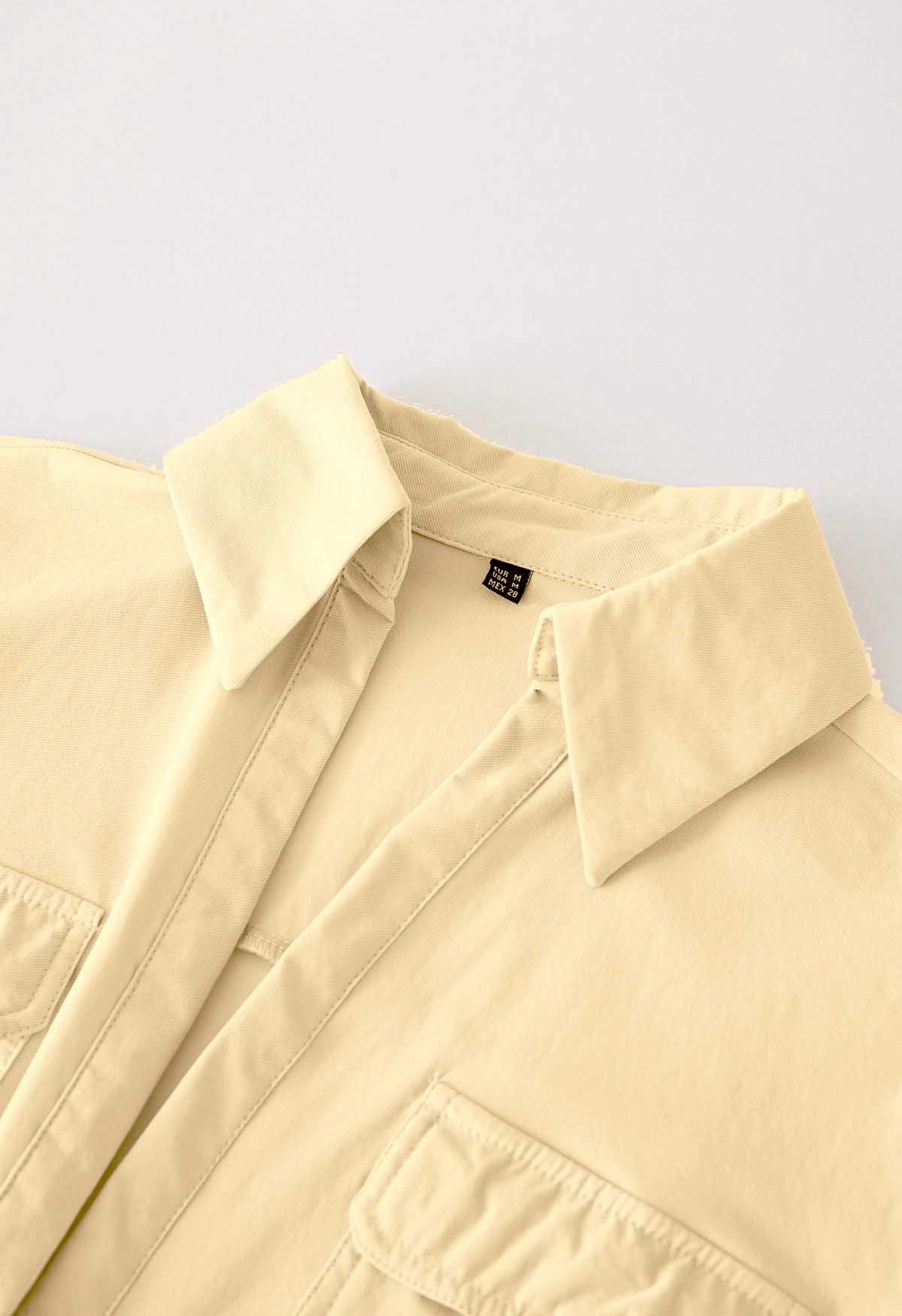 Front Tie Flap Pocket Crop Shirt in Light Yellow