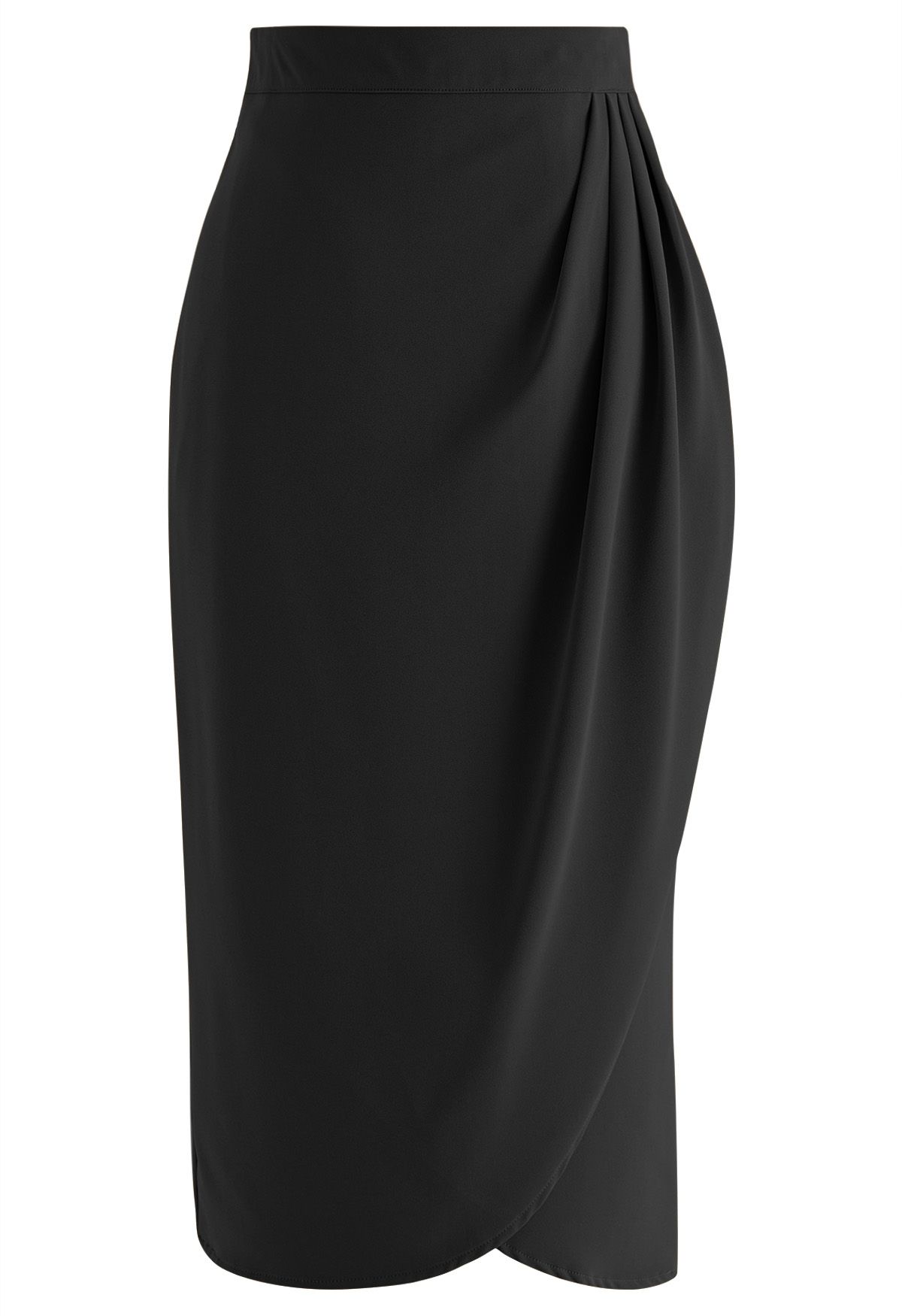 Side Pleated Tulip Midi Skirt in Black