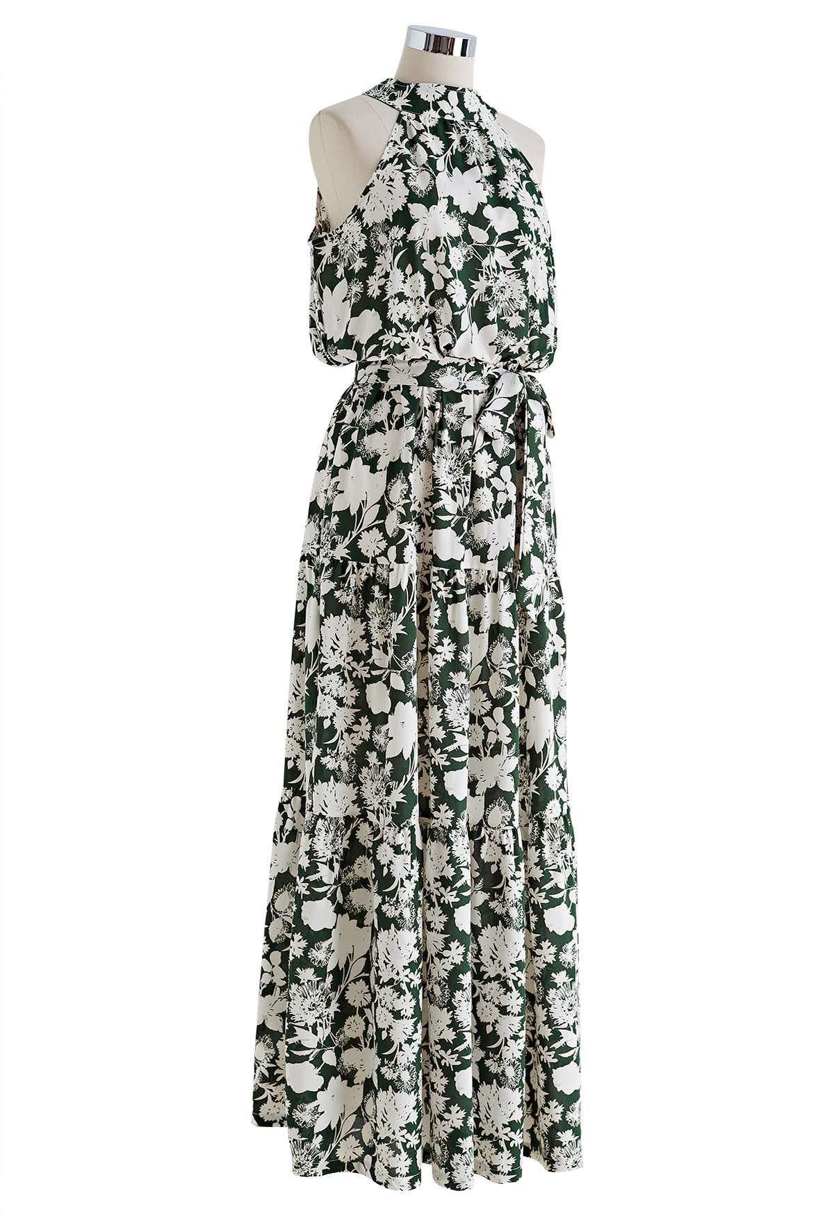 Halter Neck Tie Waist Maxi Dress in Green Floral - Retro, Indie and ...
