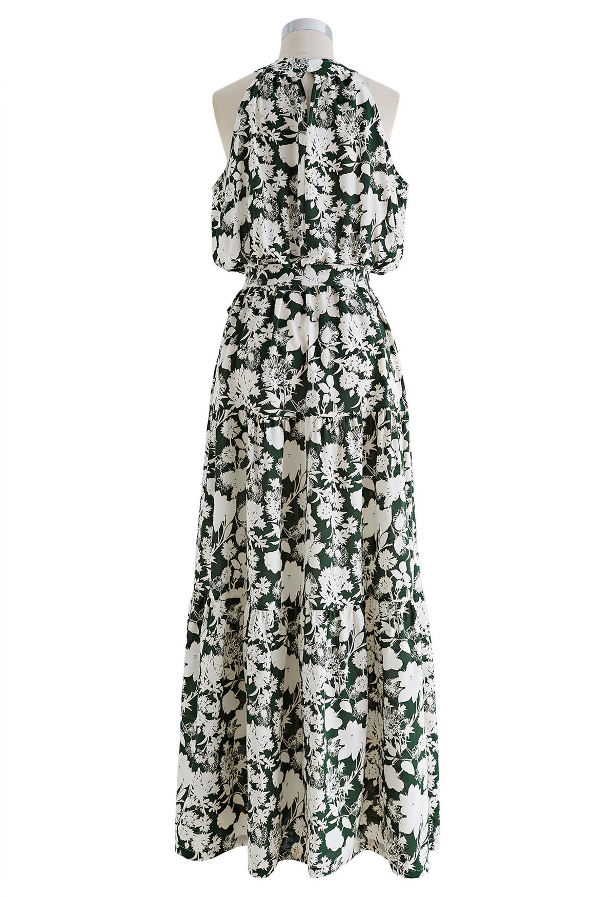 Halter Neck Tie Waist Maxi Dress in Green Floral - Retro, Indie and ...