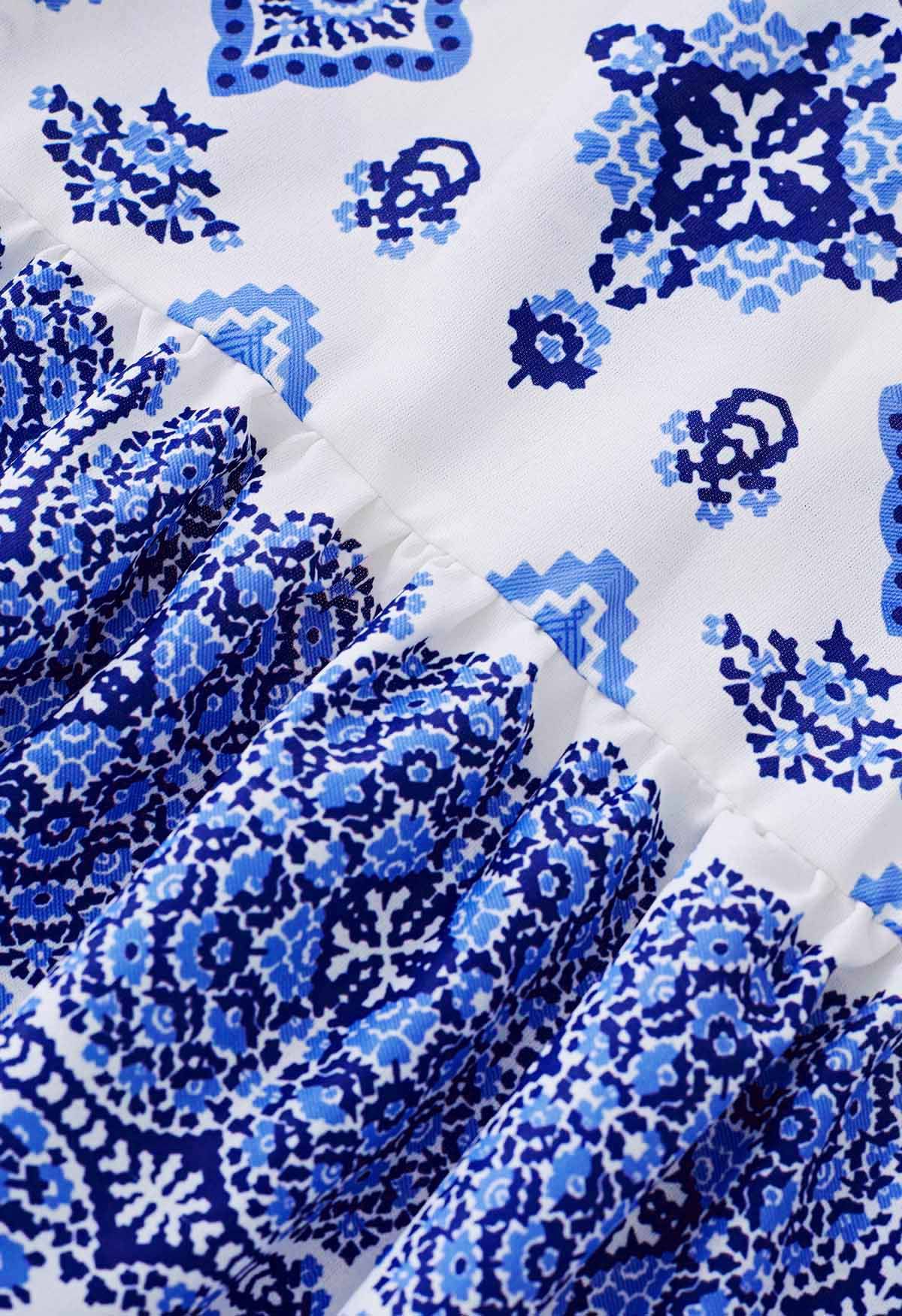 Blue Tiles Printed Tie-Strap Maxi Dress - Retro, Indie and Unique Fashion