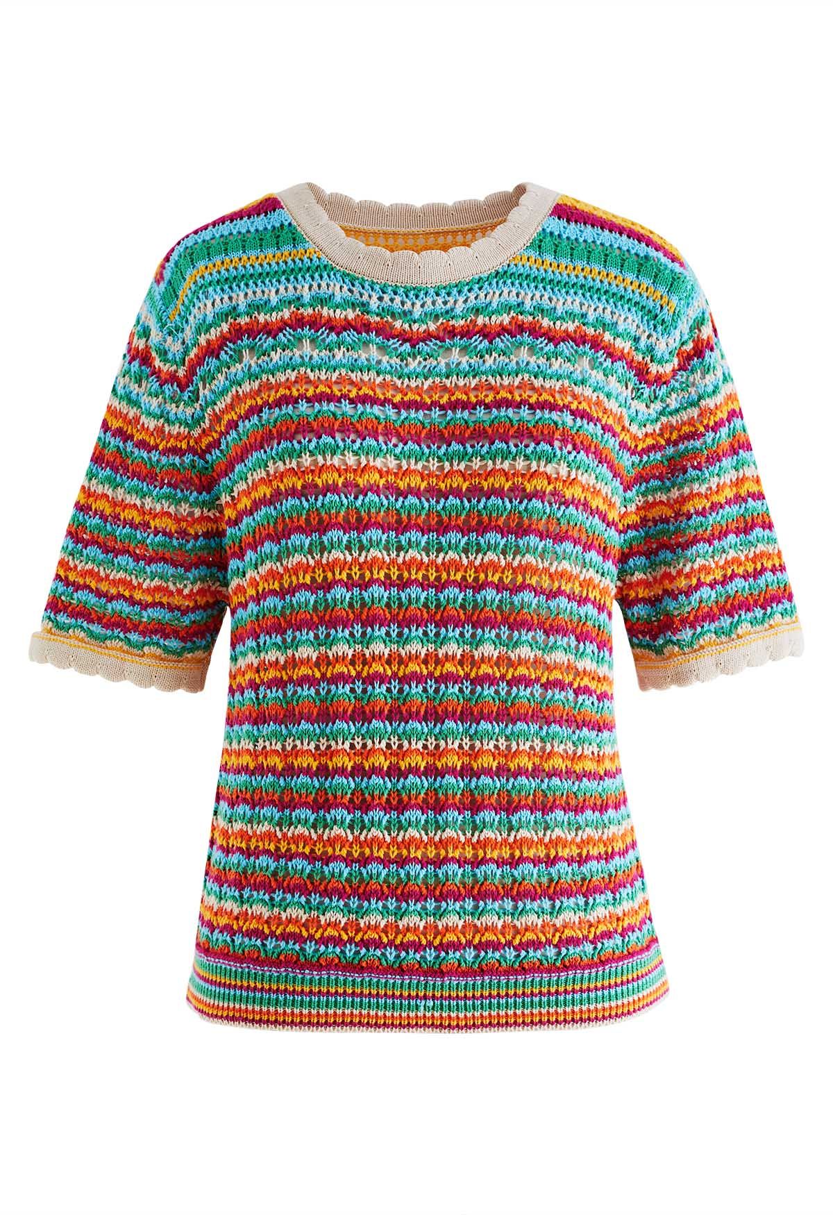 Colorful Stripe Hollow Out Knit Top