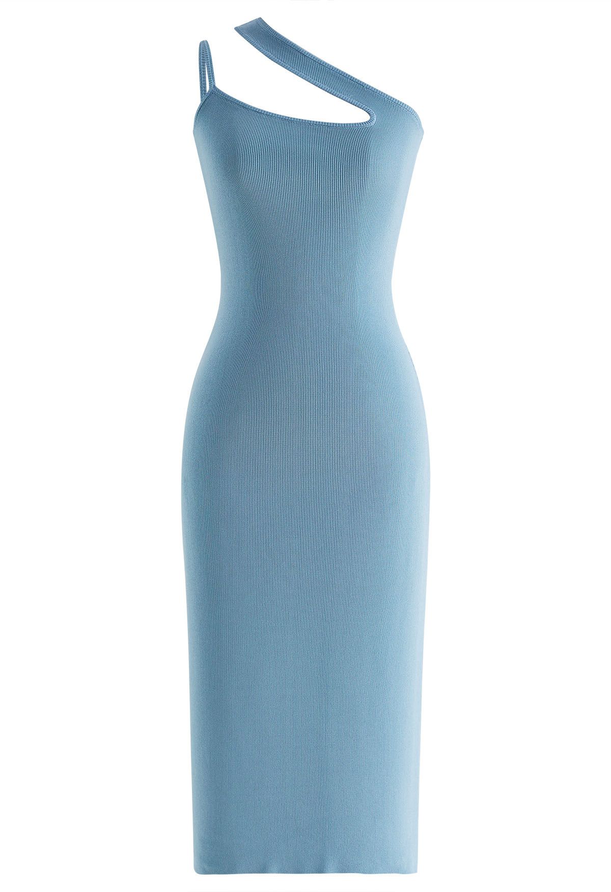 Asymmetric Straps Bodycon Knit Dress in Blue