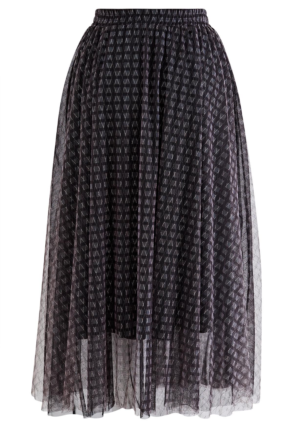 Metallic Thread Diamond-Shape Mesh Tulle Skirt in Black - Retro, Indie ...