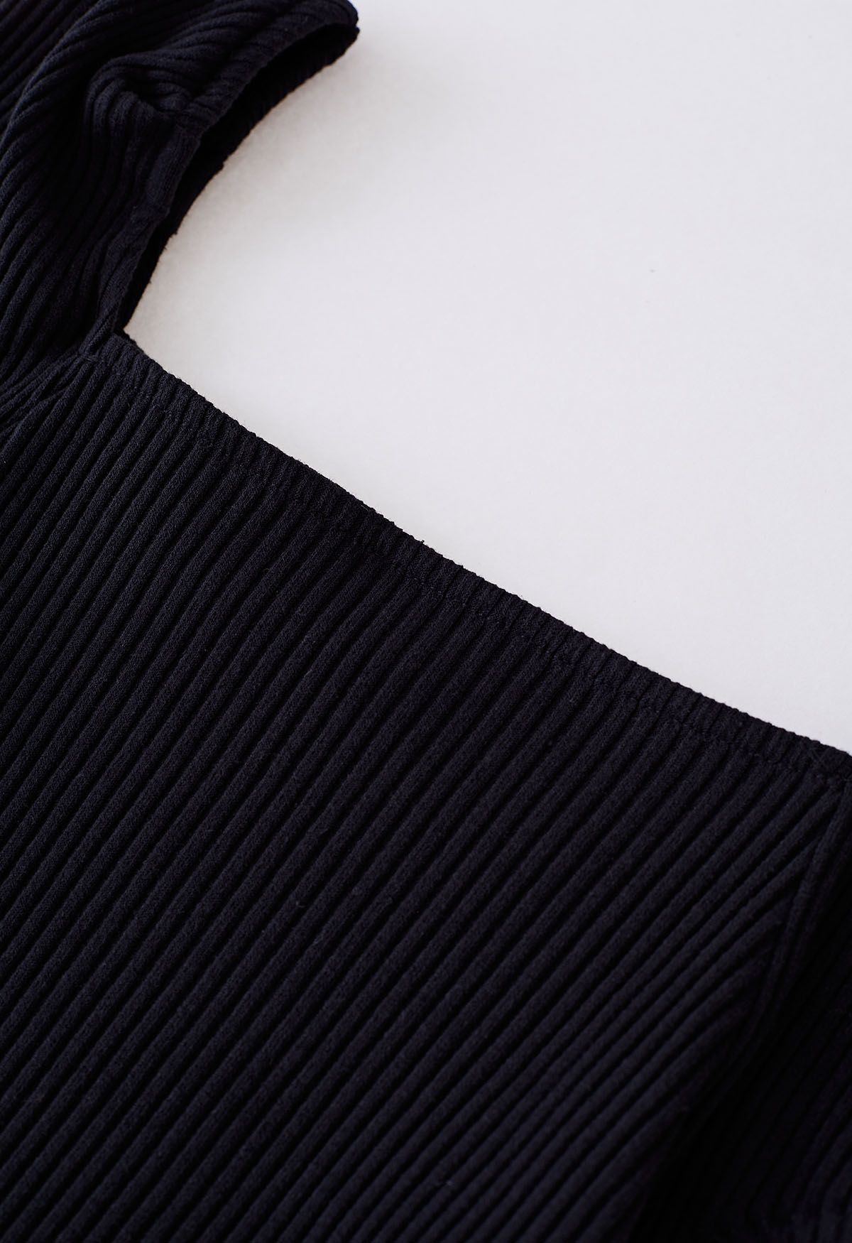 Square Neck Puff Shoulder Cotton Top in Black