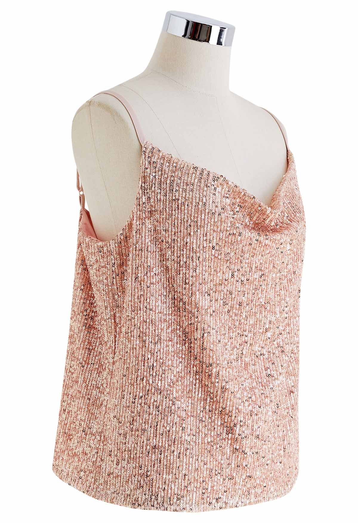 Cowl Neck Sequined Cami Top in Pink