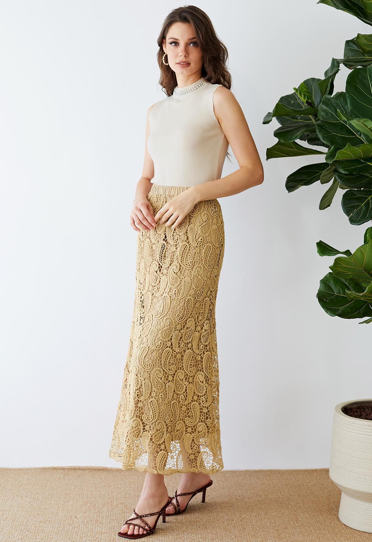 Pearl Embellished Mock Neck Sleeveless Knit Top in Sand
