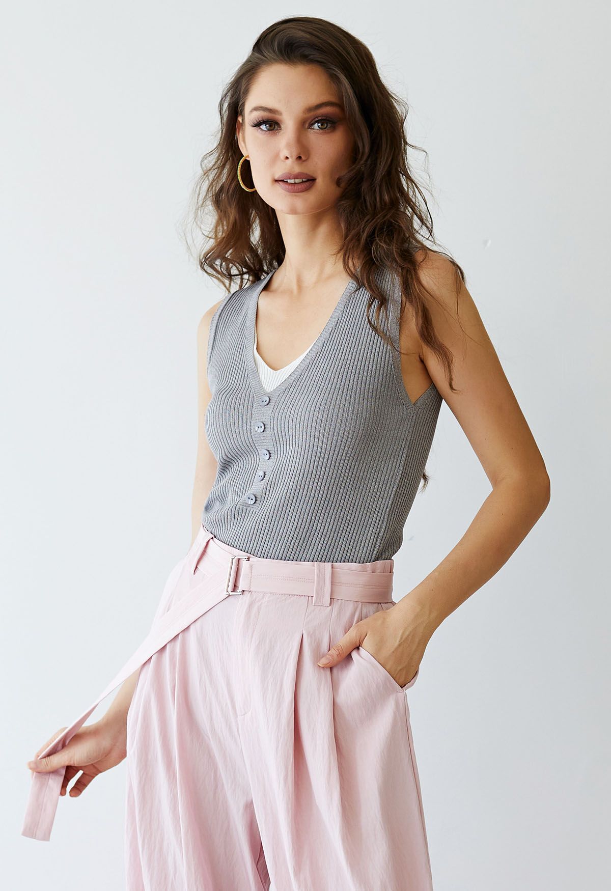 Fake Two-Piece Buttoned Ribbed Knit Top in Grey