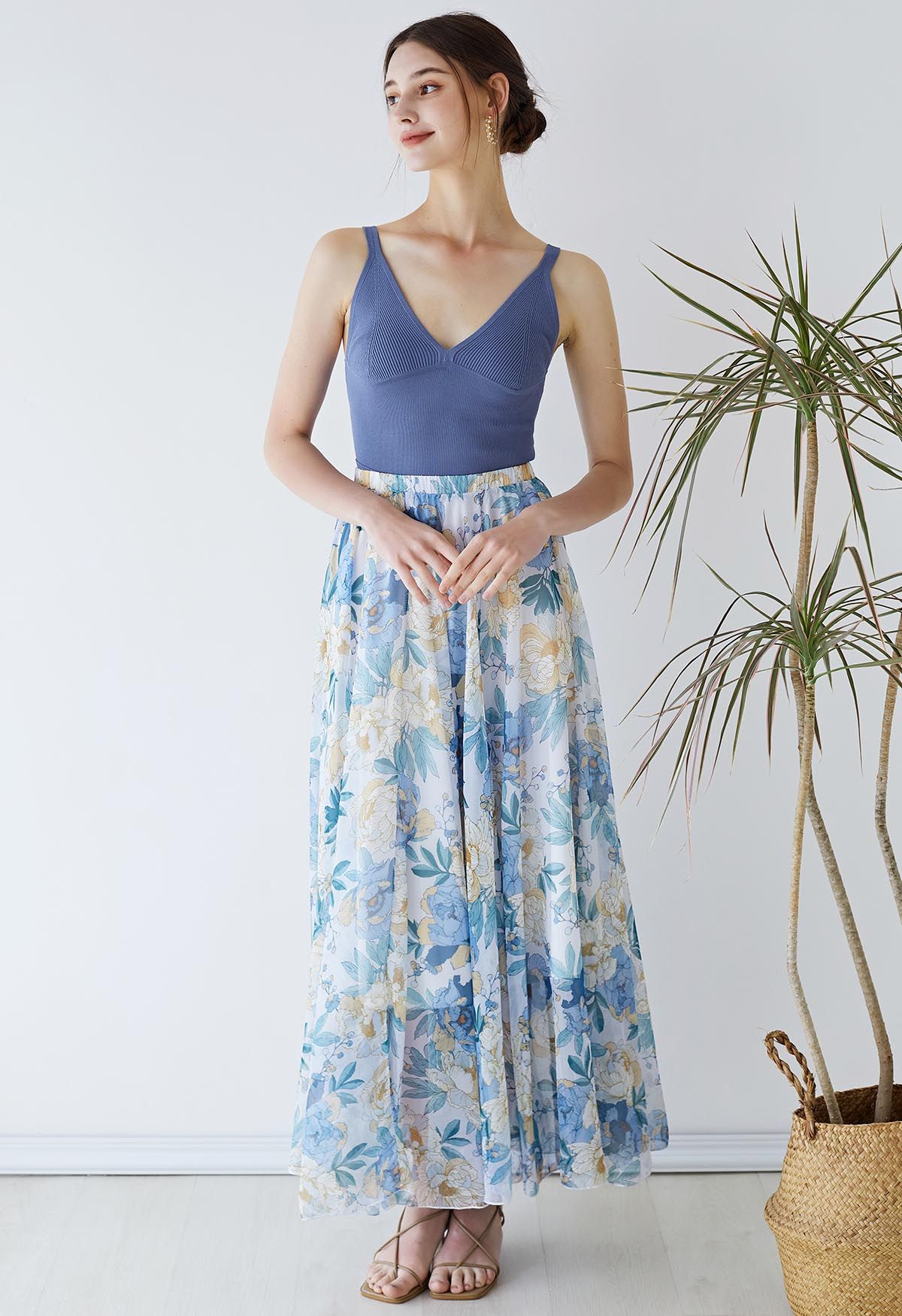 Bluish Floral Fresh Aroma Chiffon Maxi Skirt
