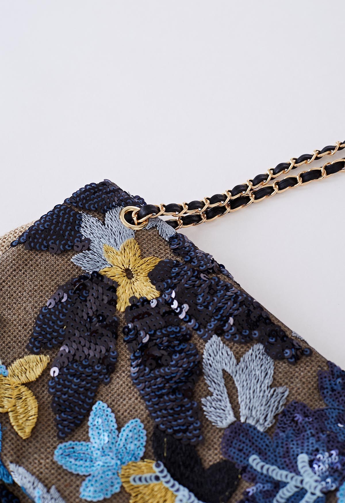 Sequin Floral Embroidered Shoulder Bag in Blue