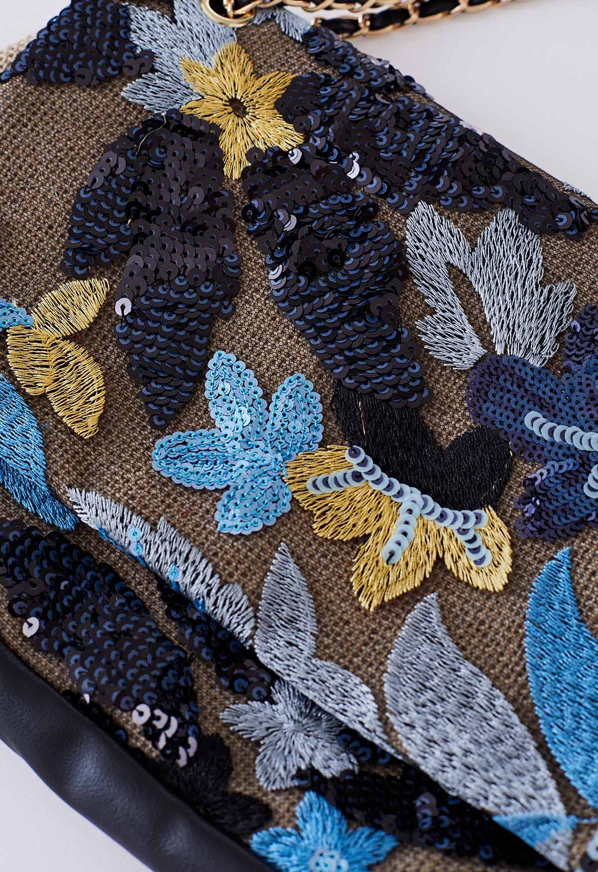 Sequin Floral Embroidered Shoulder Bag in Blue