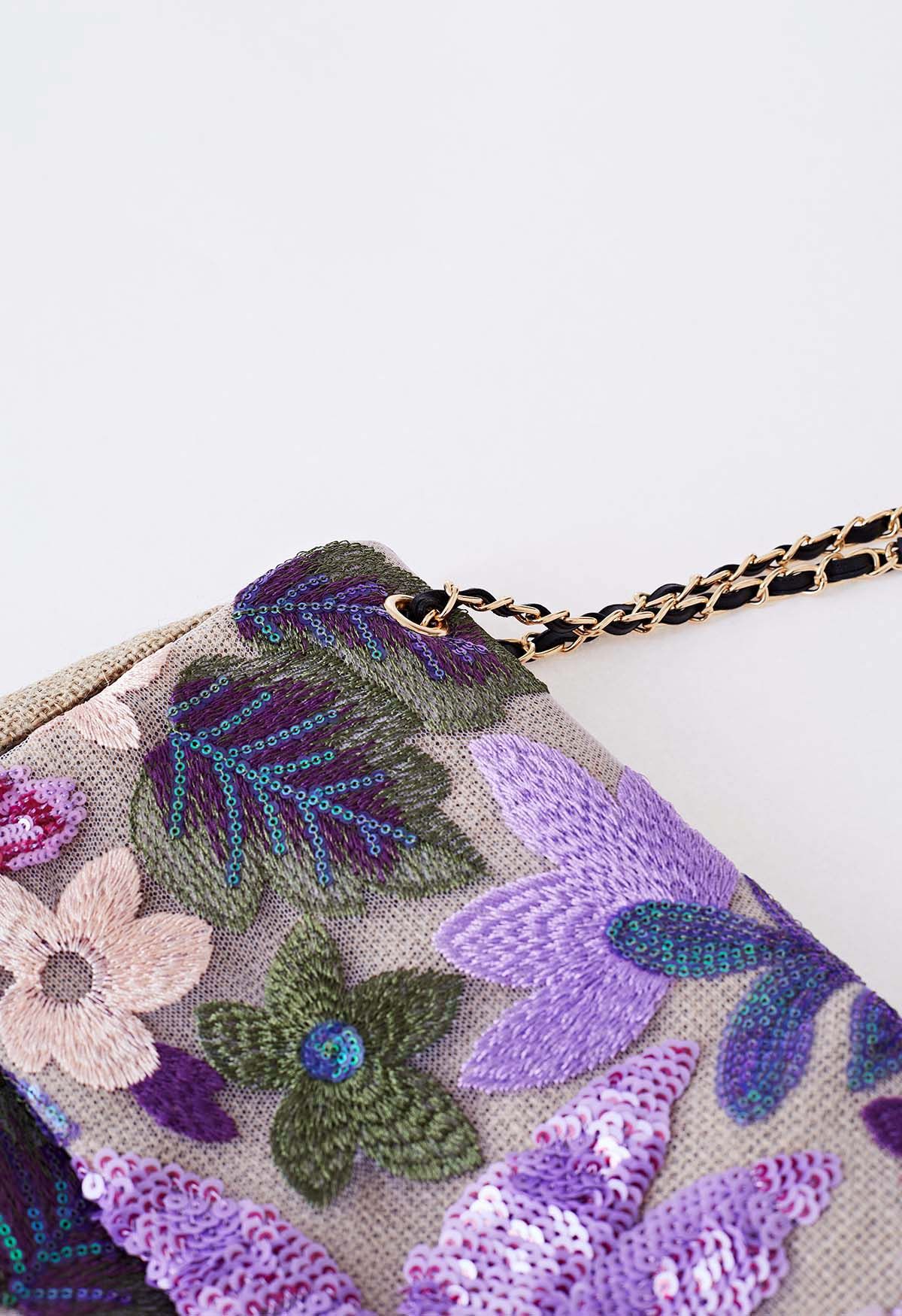 Sequin Floral Embroidered Shoulder Bag in Violet