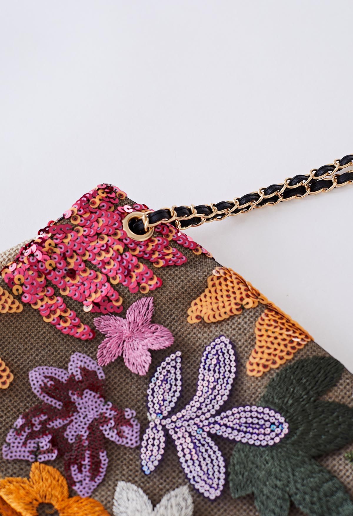 Sequin Floral Embroidered Shoulder Bag in Violet