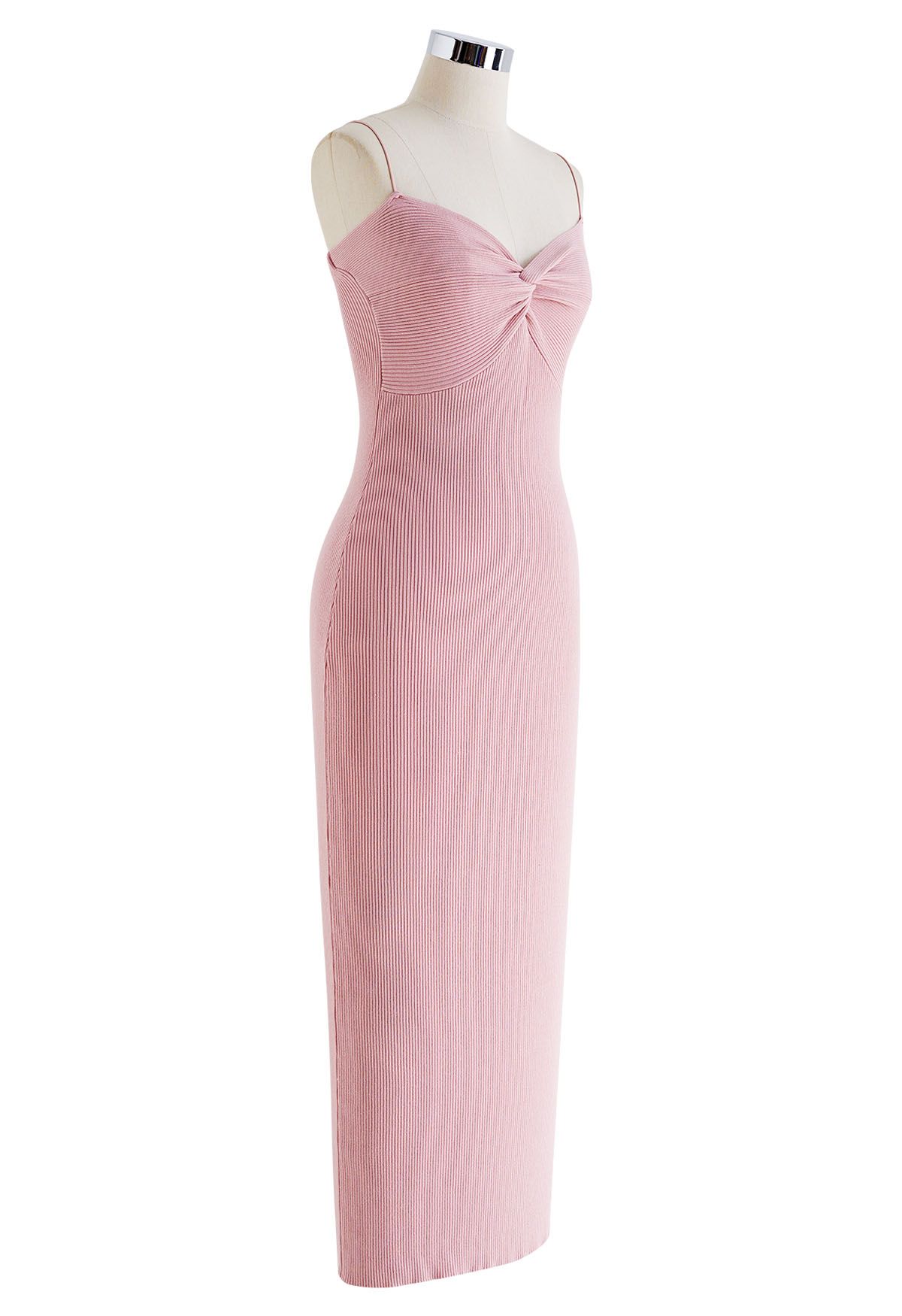 Twist Front Bodycon Knit Cami Dress in Pink