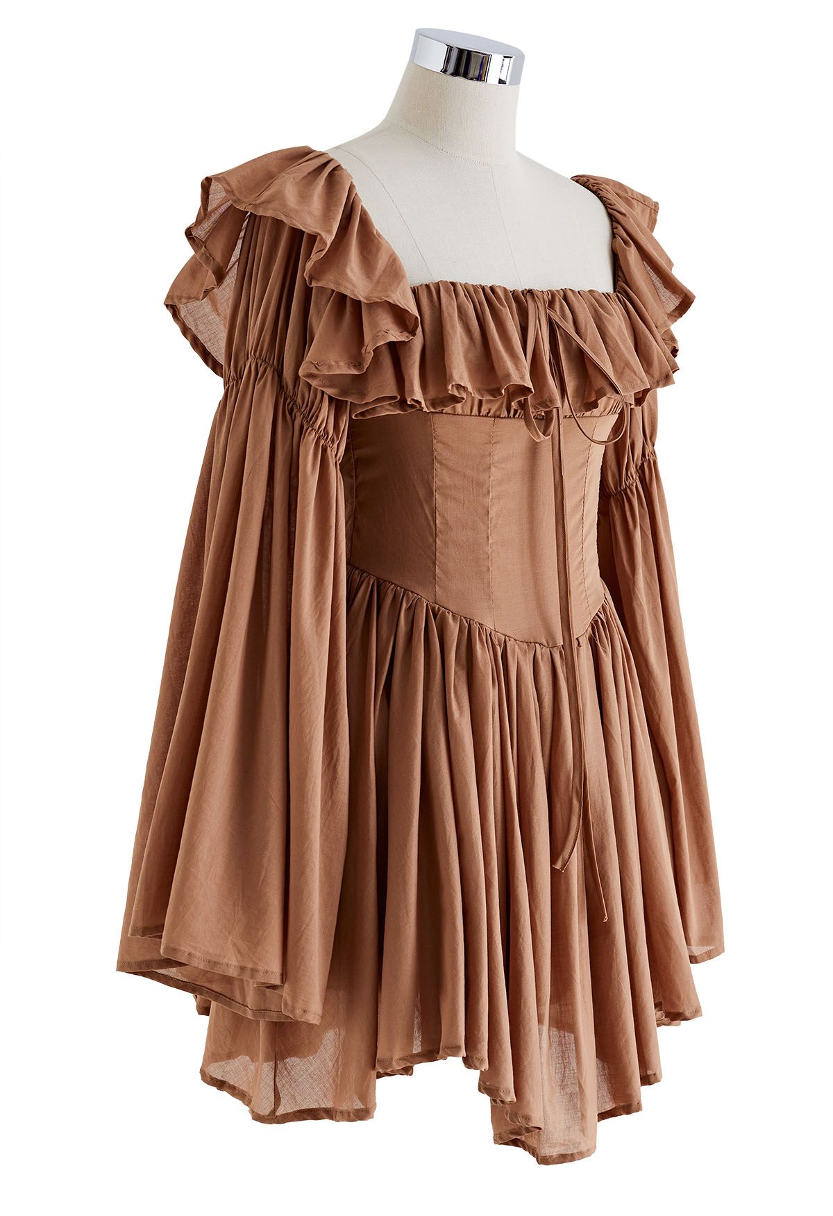 Ruffle Neckline Flare Sleeves Asymmetric Frilling Dress