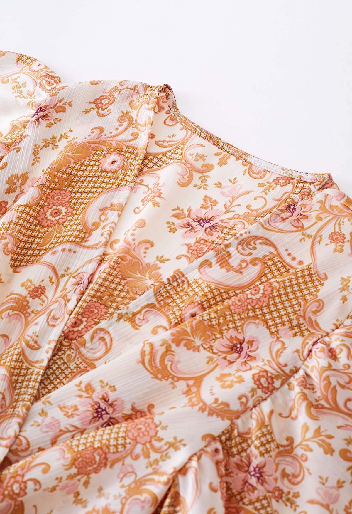 Floral Printed Flutter Sleeve Faux-Wrap Dress