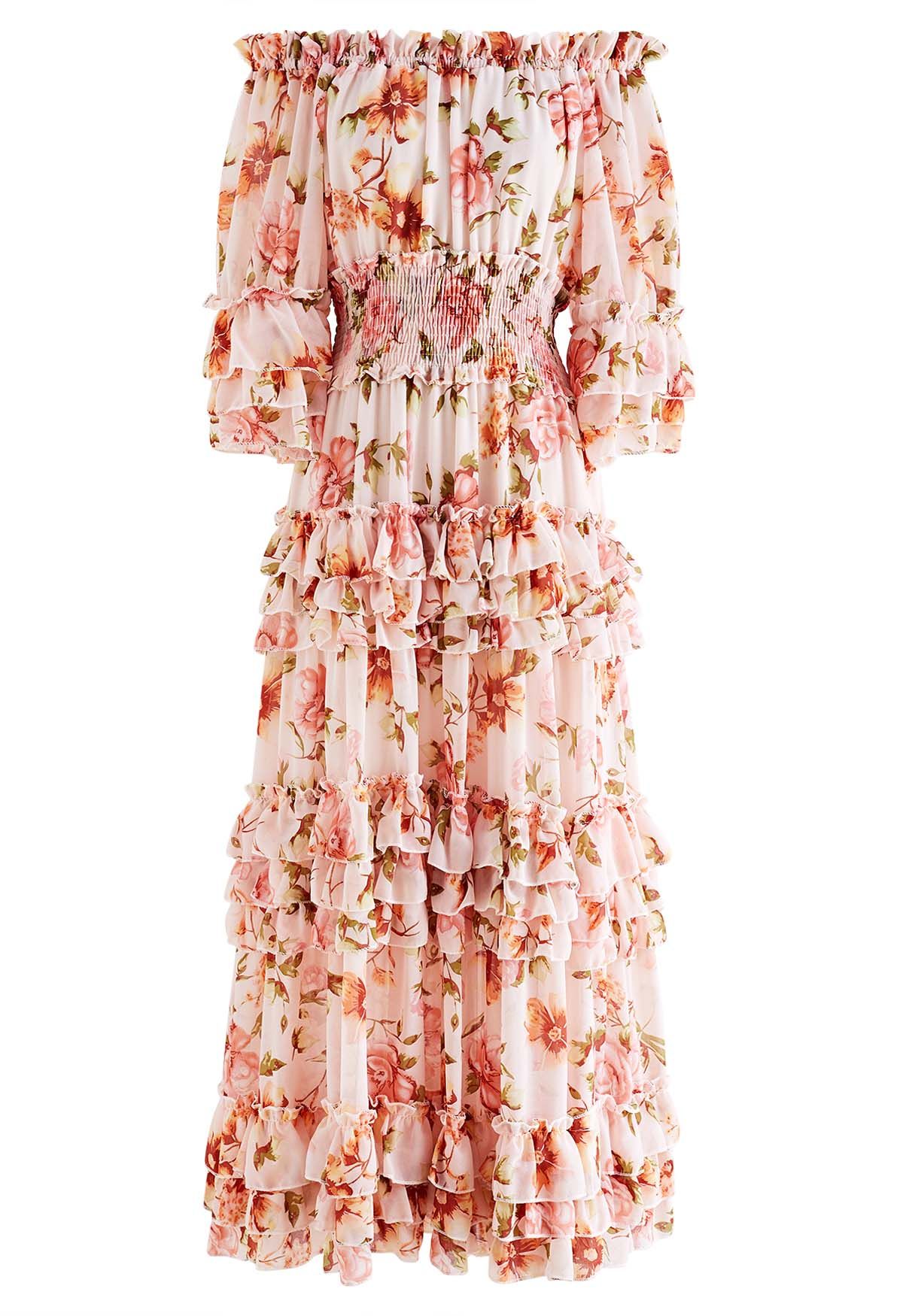Tiered Ruffle Floral Off-Shoulder Chiffon Maxi Dress in Blush - Retro ...