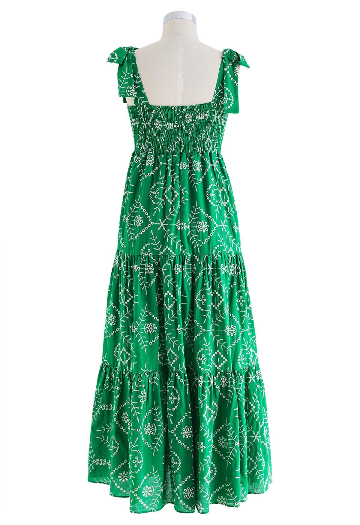 Green Eyelet Embroidered Tie-Strap Maxi Dress