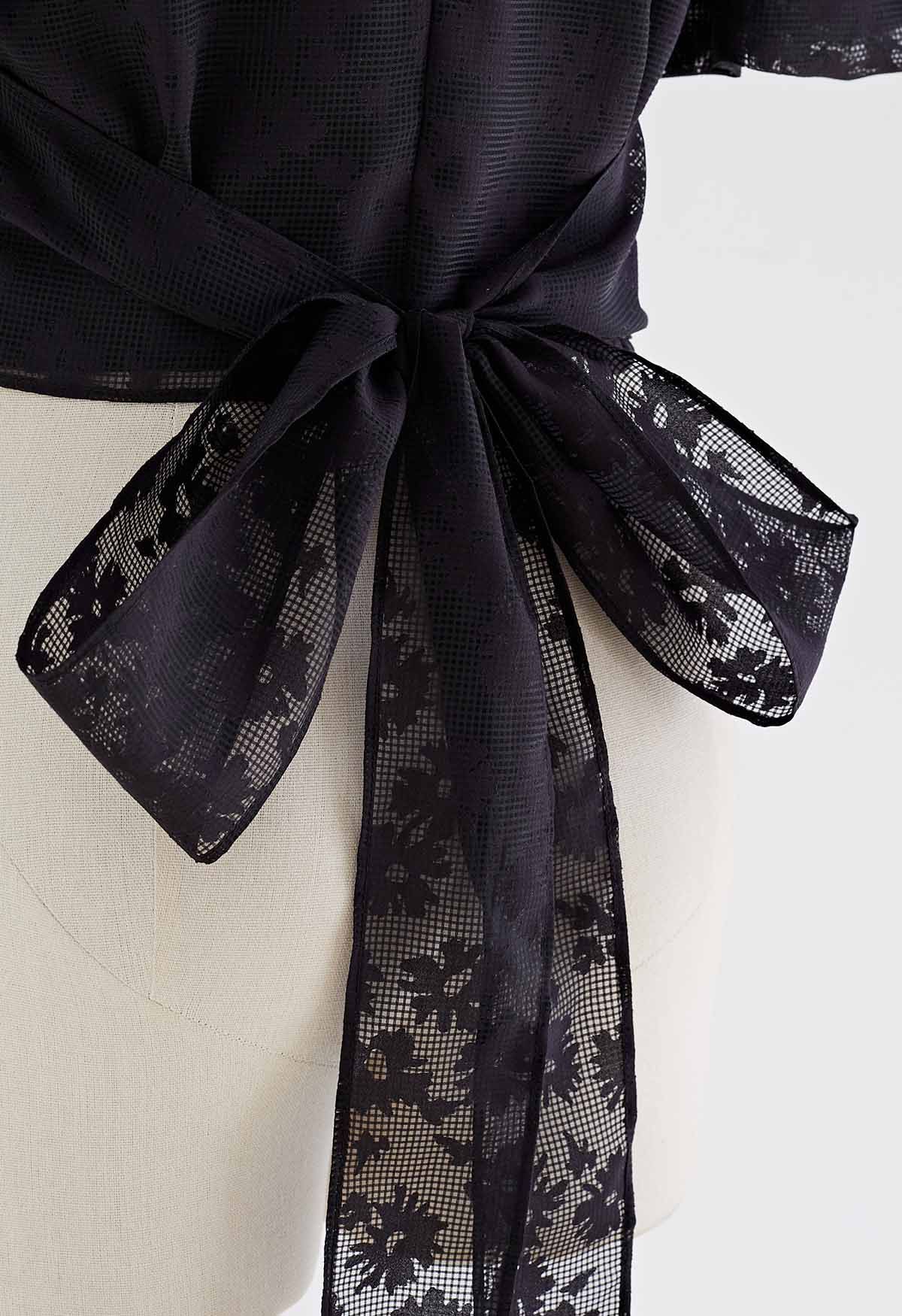 Puff Sleeve Floret Tie-Back Faux-Wrap Top in Black