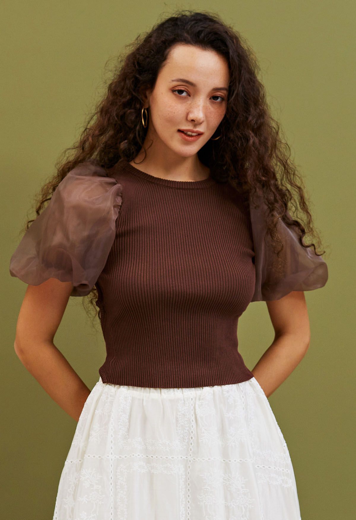 Open Back Bubble Sleeve Spliced Knit Top in Brown - Retro, Indie and ...