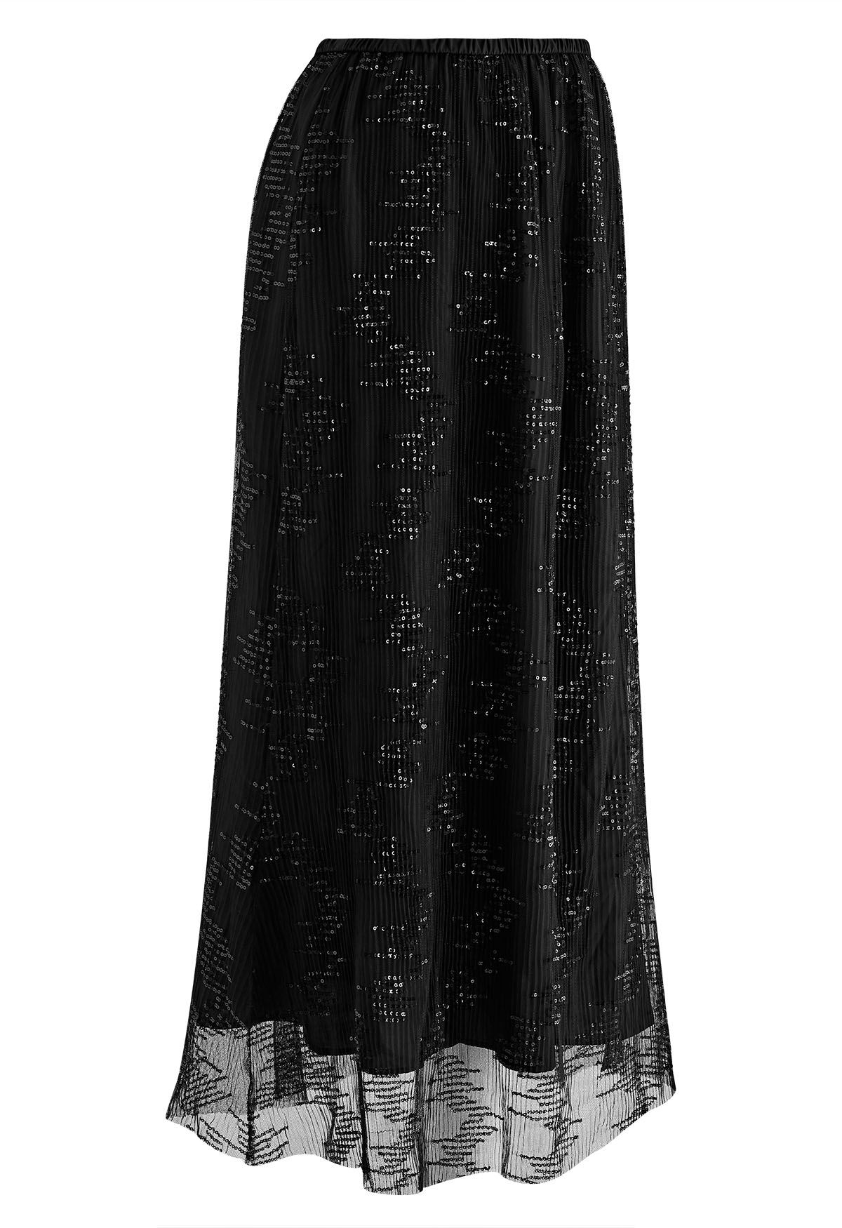 Sequin Embellished Mesh Maxi Skirt in Black - Retro, Indie and Unique ...