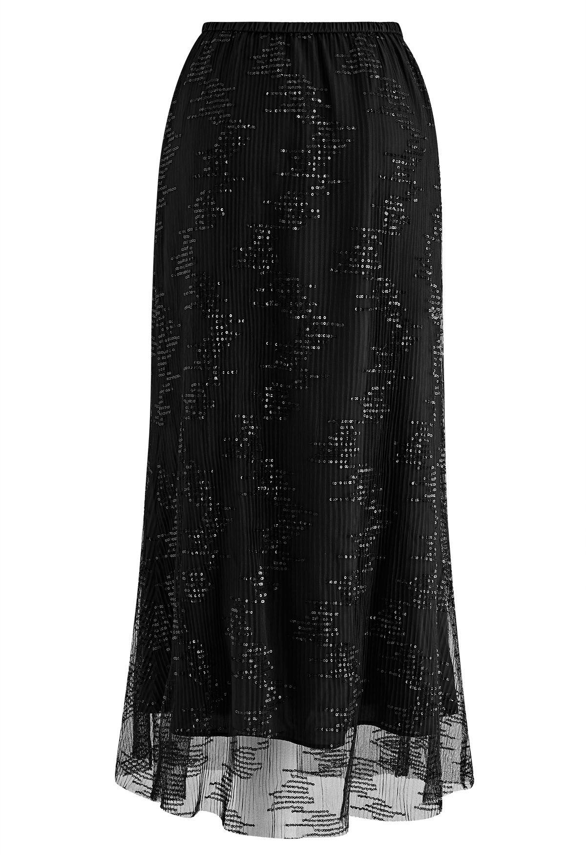 Sequin Embellished Mesh Maxi Skirt in Black - Retro, Indie and Unique ...