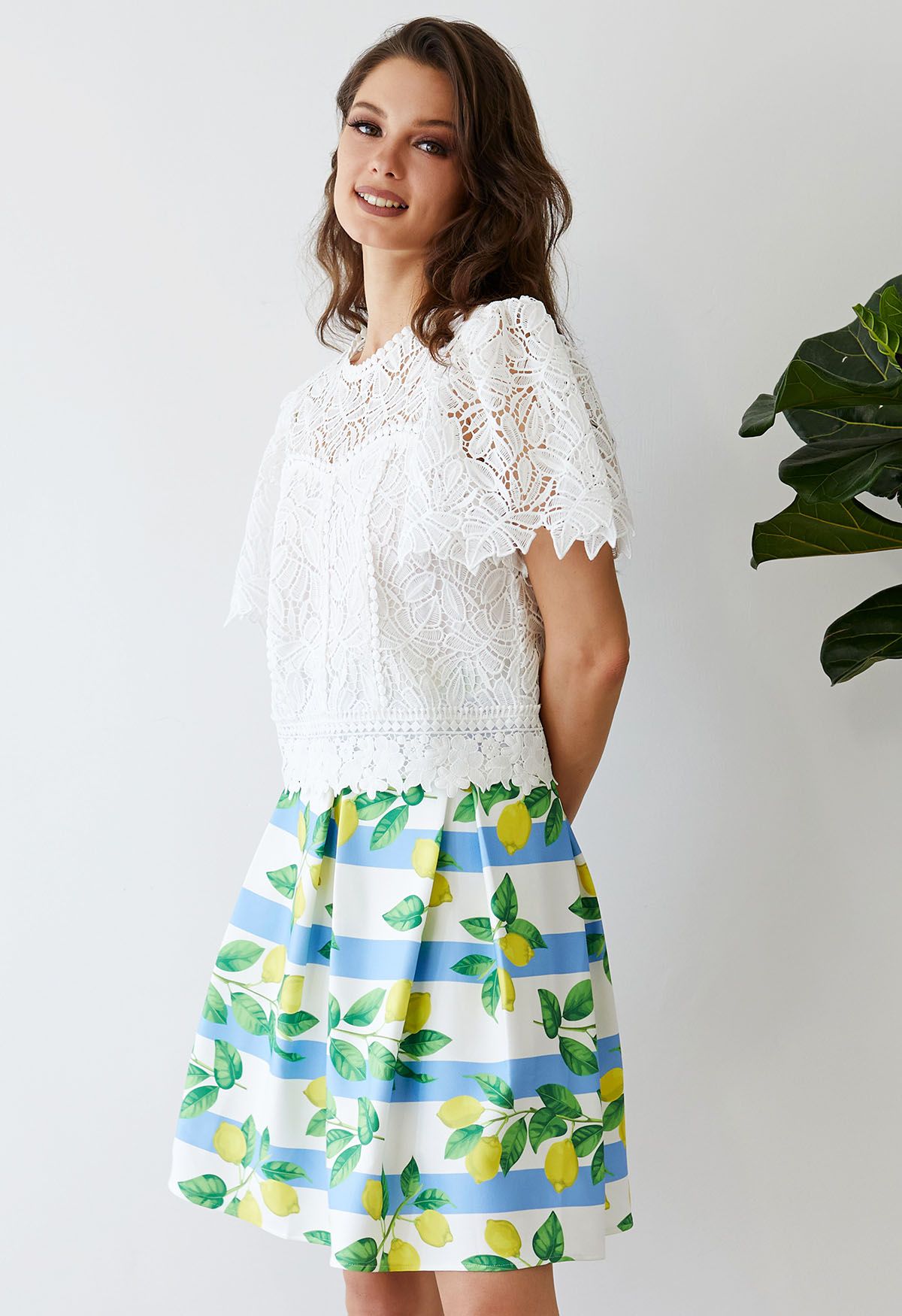 Lemon Branch Stripe Pleated Skirt