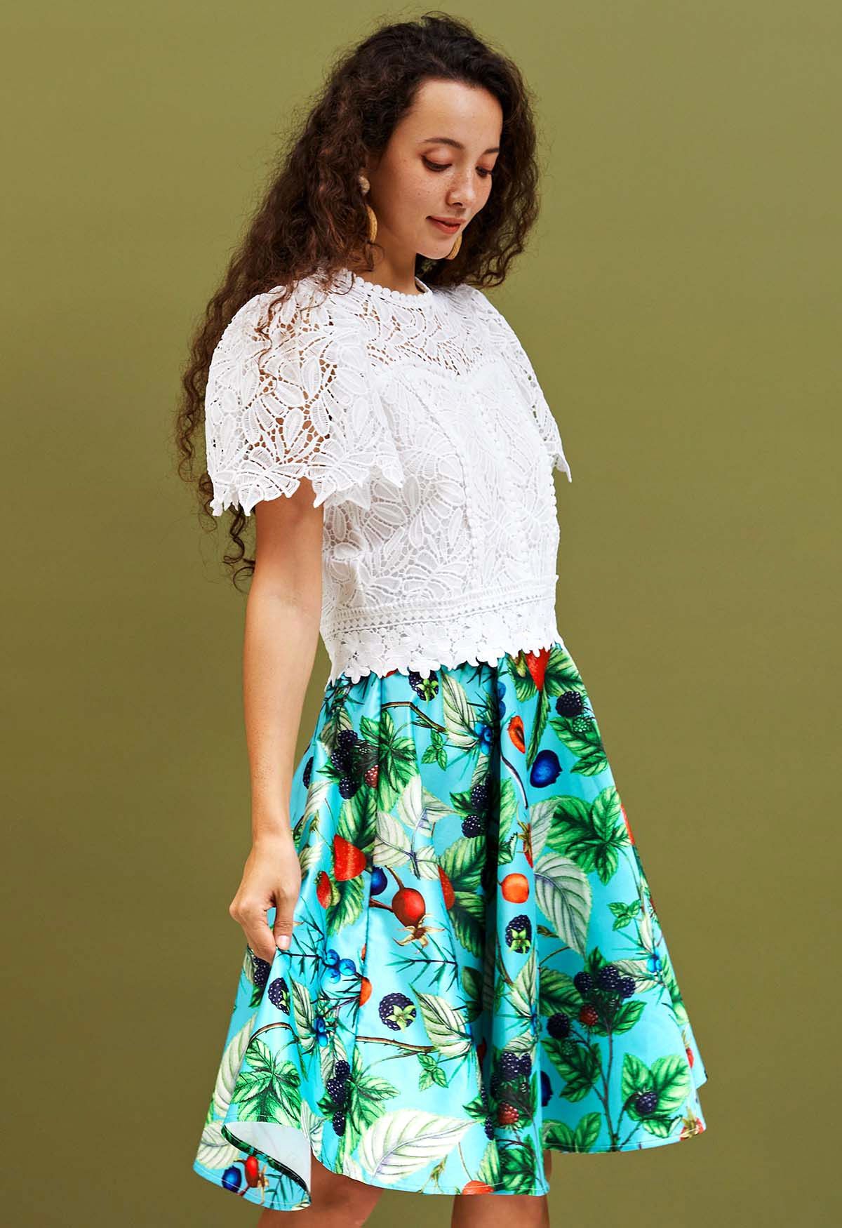 Glossy Fruit Printed A-Line Midi Skirt