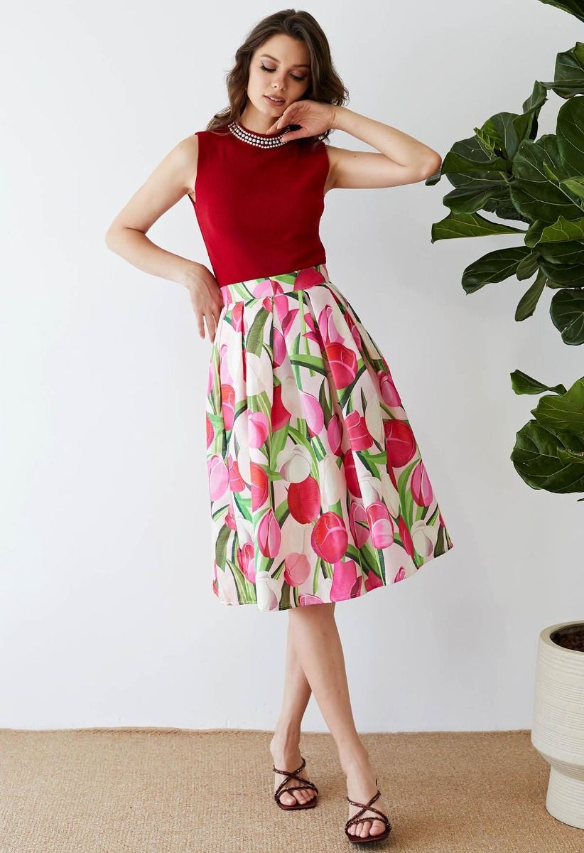 Lustrous Metallic Tulip Printed Midi Skirt