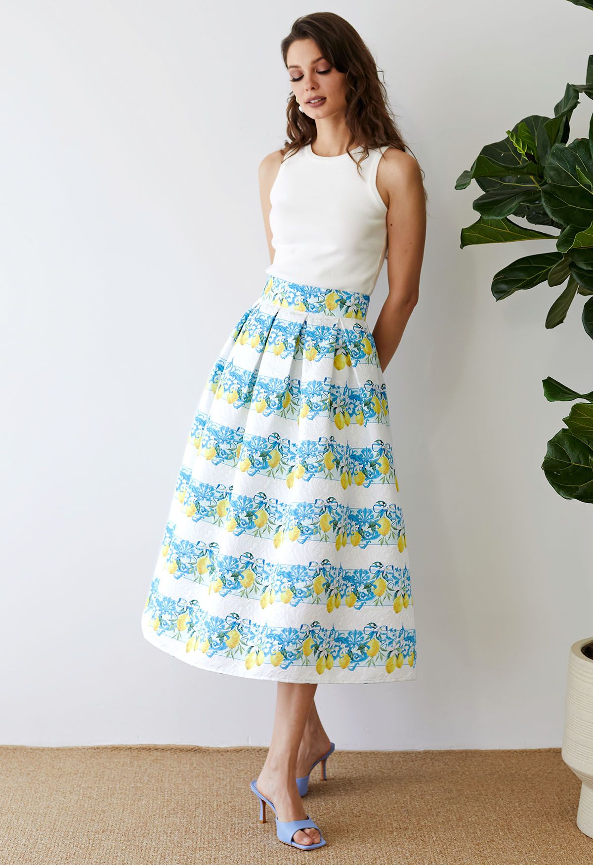 Sicilian Style Watercolor Lemon Printed Pleated Midi Skirt