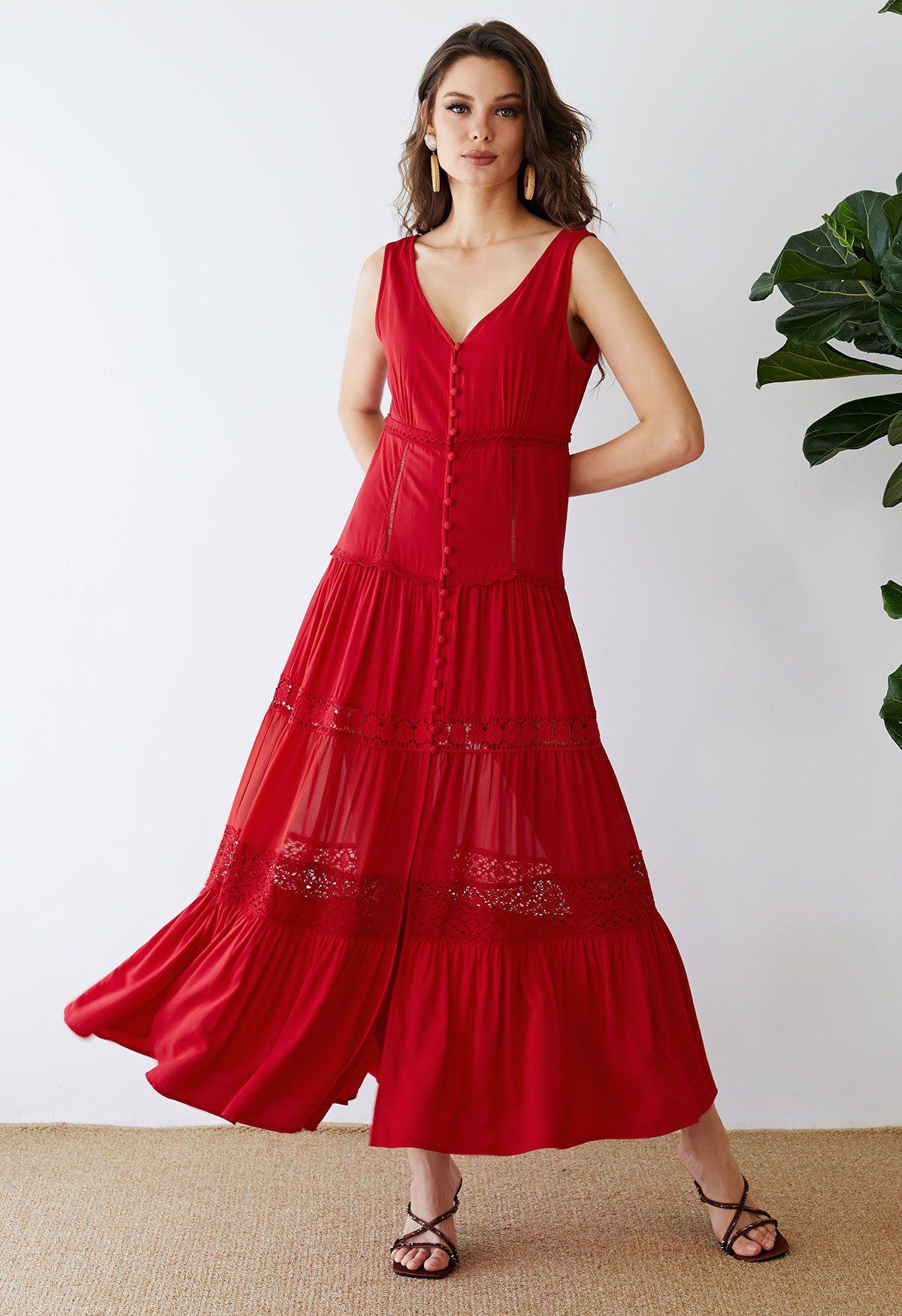Crochet Trims Panelled Button Down Sleeveless Maxi Dress in Red - Retro,  Indie and Unique Fashion