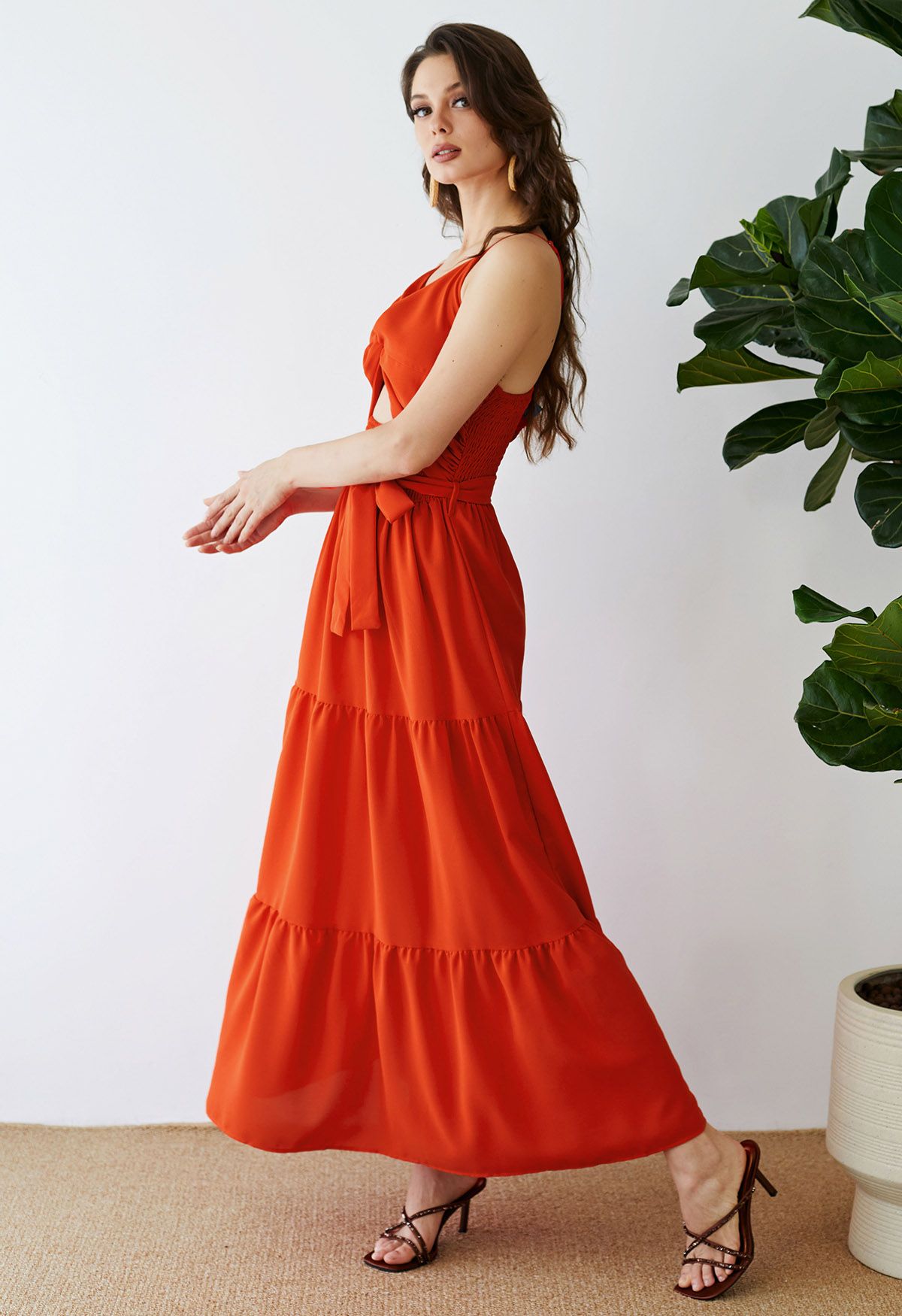 Twist Cutout Shirred Cami Maxi Dress in Orange