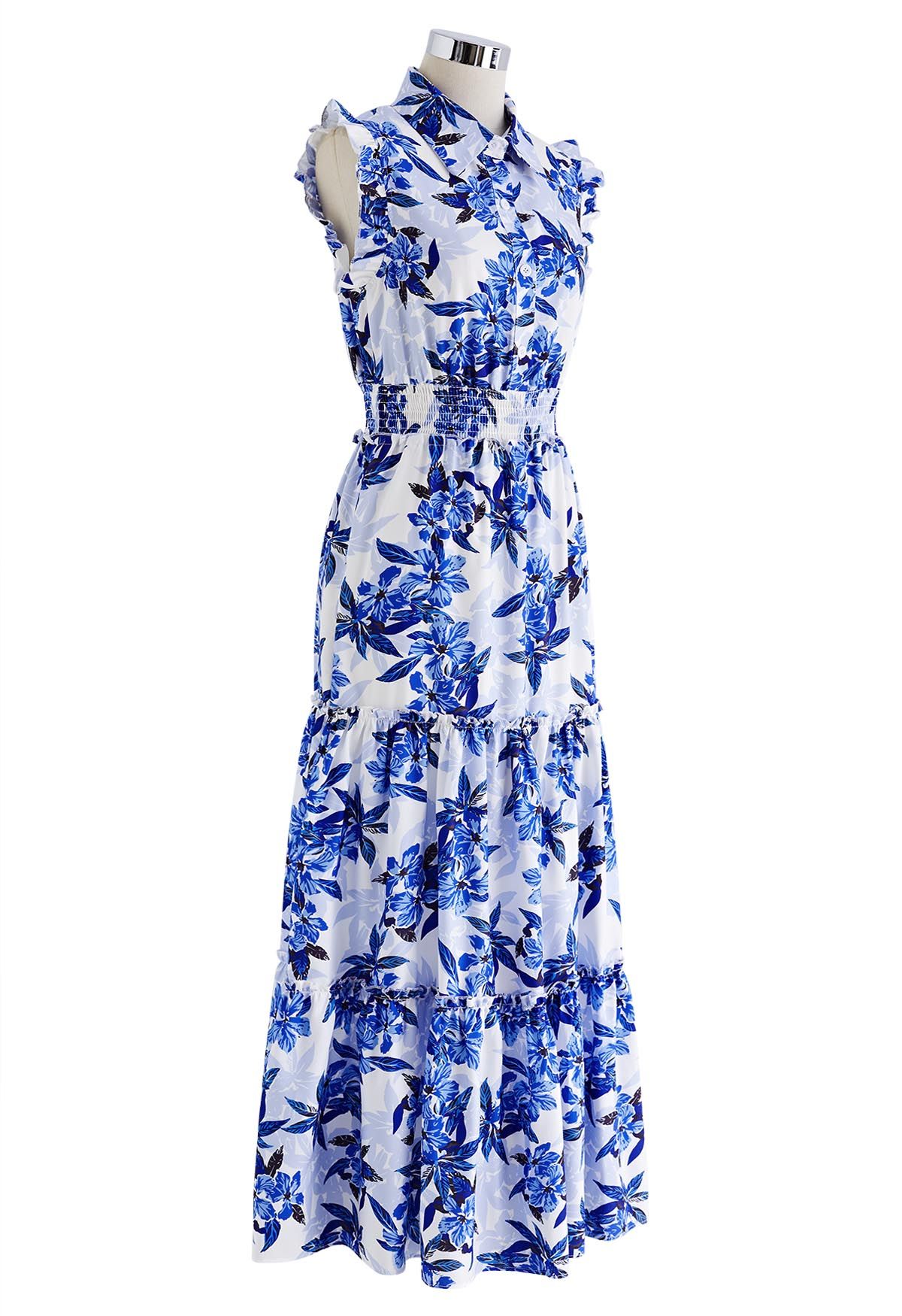 Blue Floral Collared Buttoned Sleeveless Dress - Retro, Indie and ...