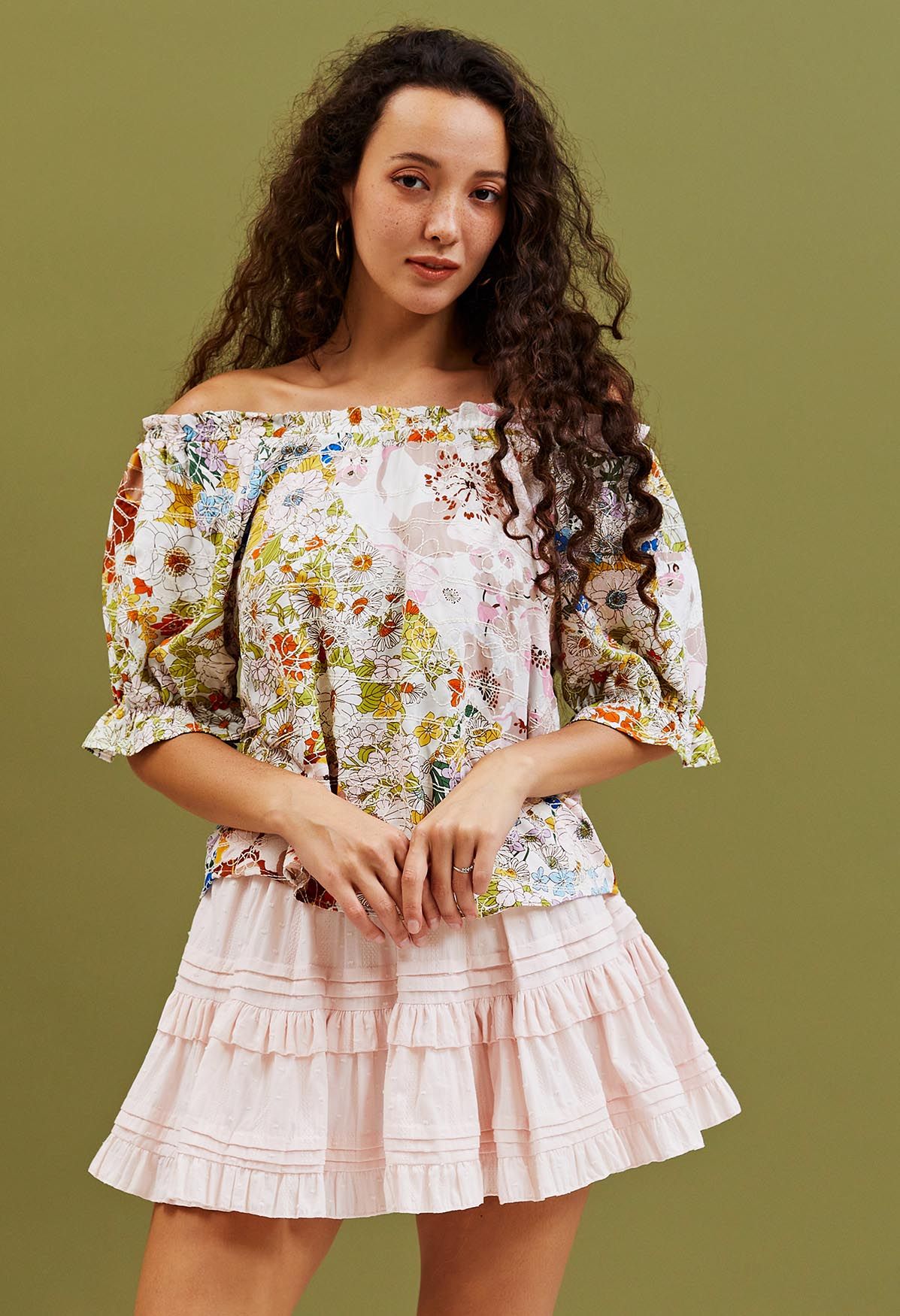 Colorful Flower Embroidered Off-Shoulder Dolly Top - Retro, Indie and ...
