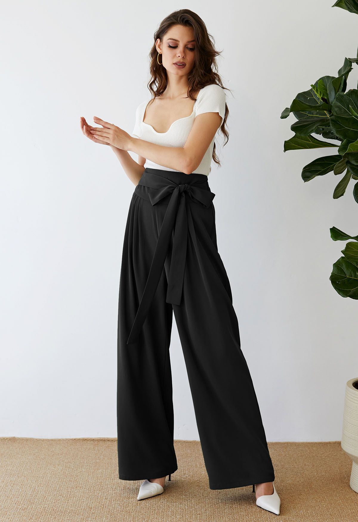 Bowknot High Waist Wide-Leg Pants in Black - Retro, Indie and Unique ...