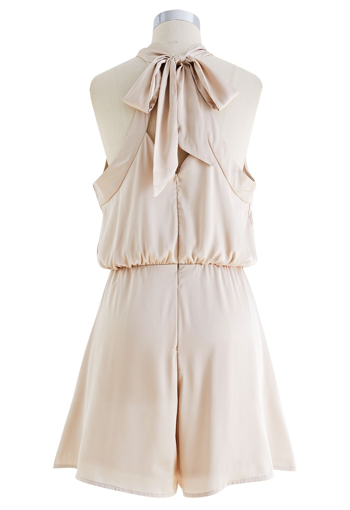 Halter Neck Cutout Satin Playsuit in Apricot