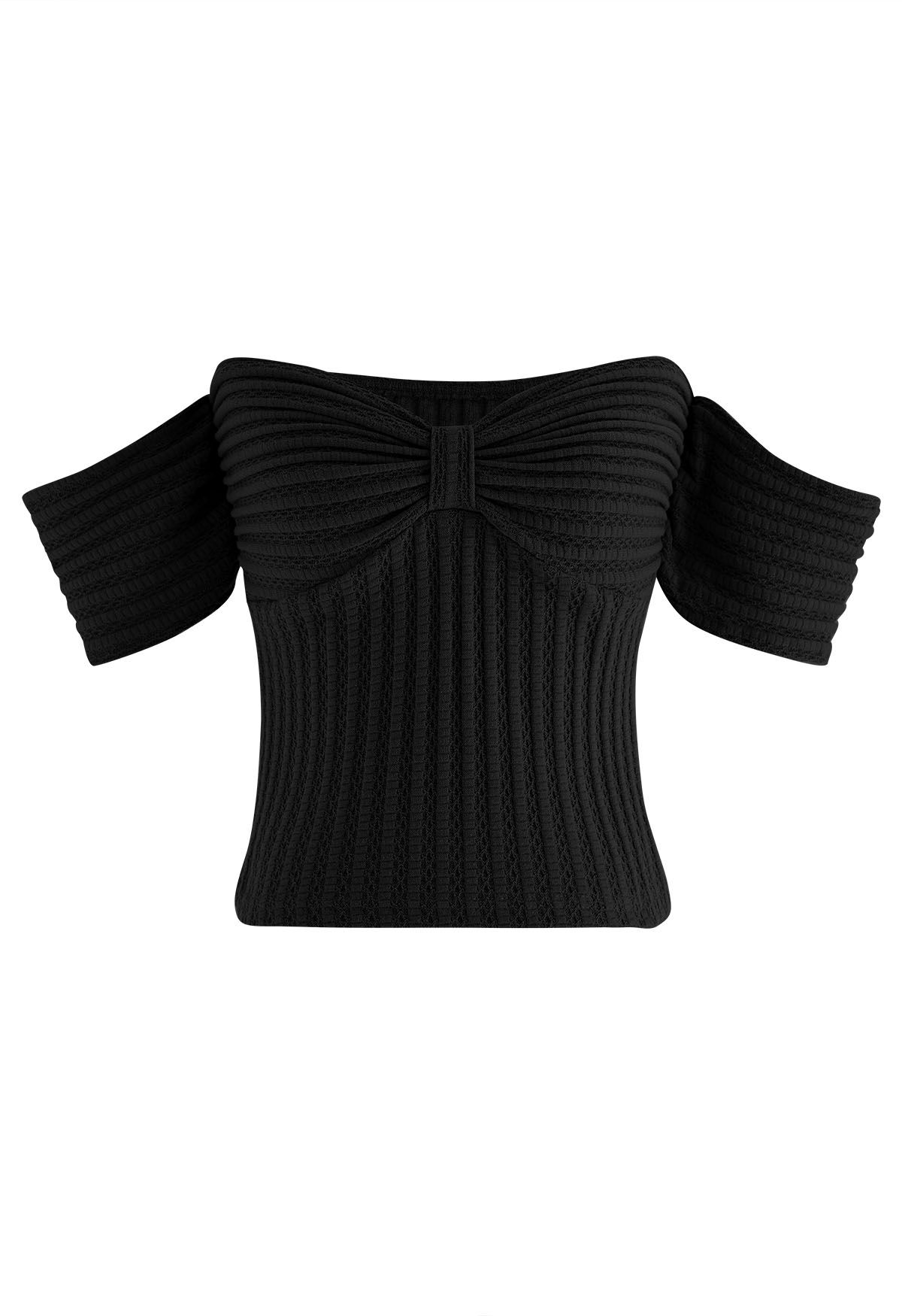 Front Knot Off-Shoulder Crop Top in Black - Retro, Indie and Unique Fashion