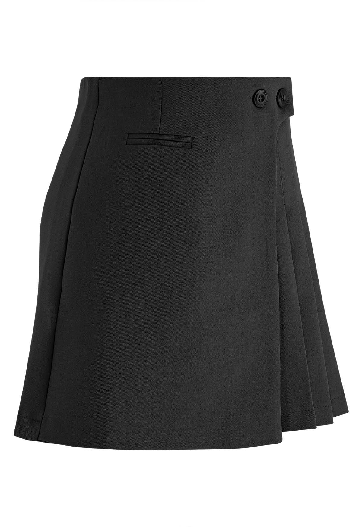 Twin Buttons Pleated Flap Mini Skirt in Black